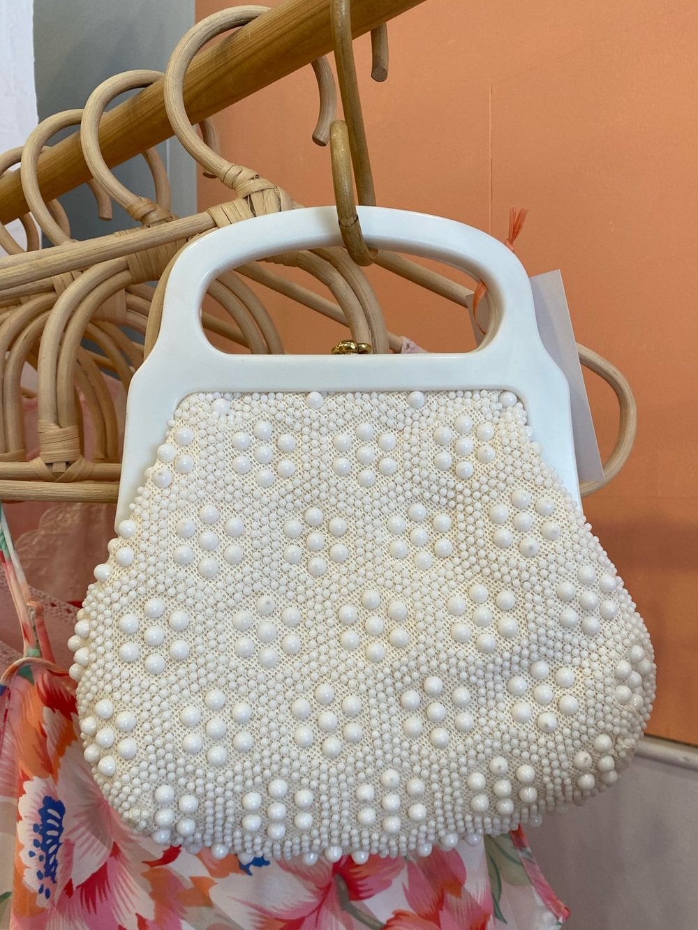 Vintage 60s White Beaded Handbag with Top Handle